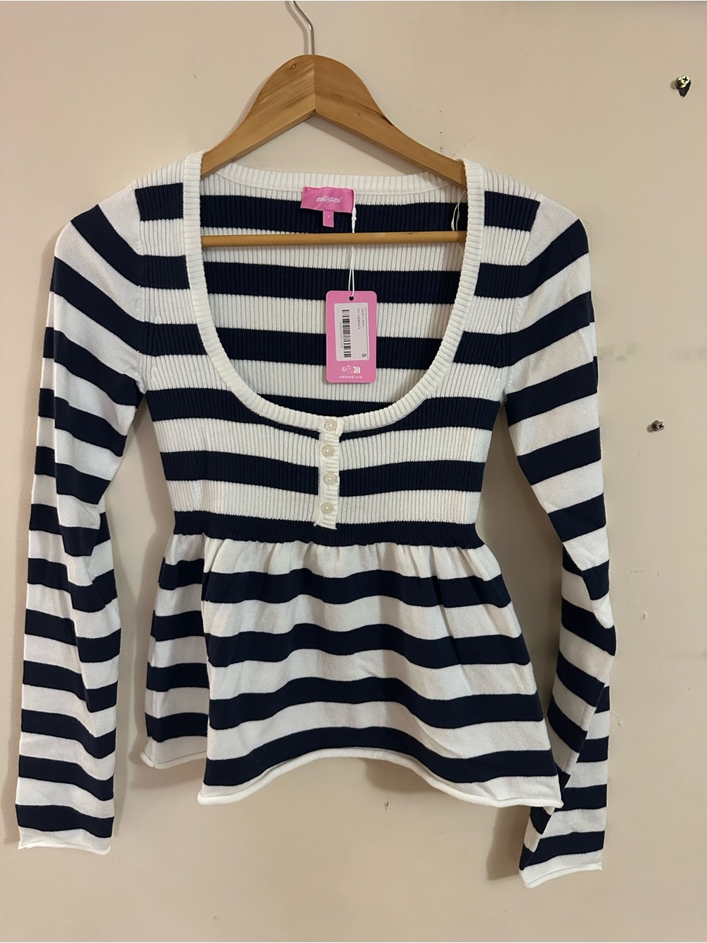Edikted Navy and White Striped Ribbed Long Sleeve Scoop Neck Top